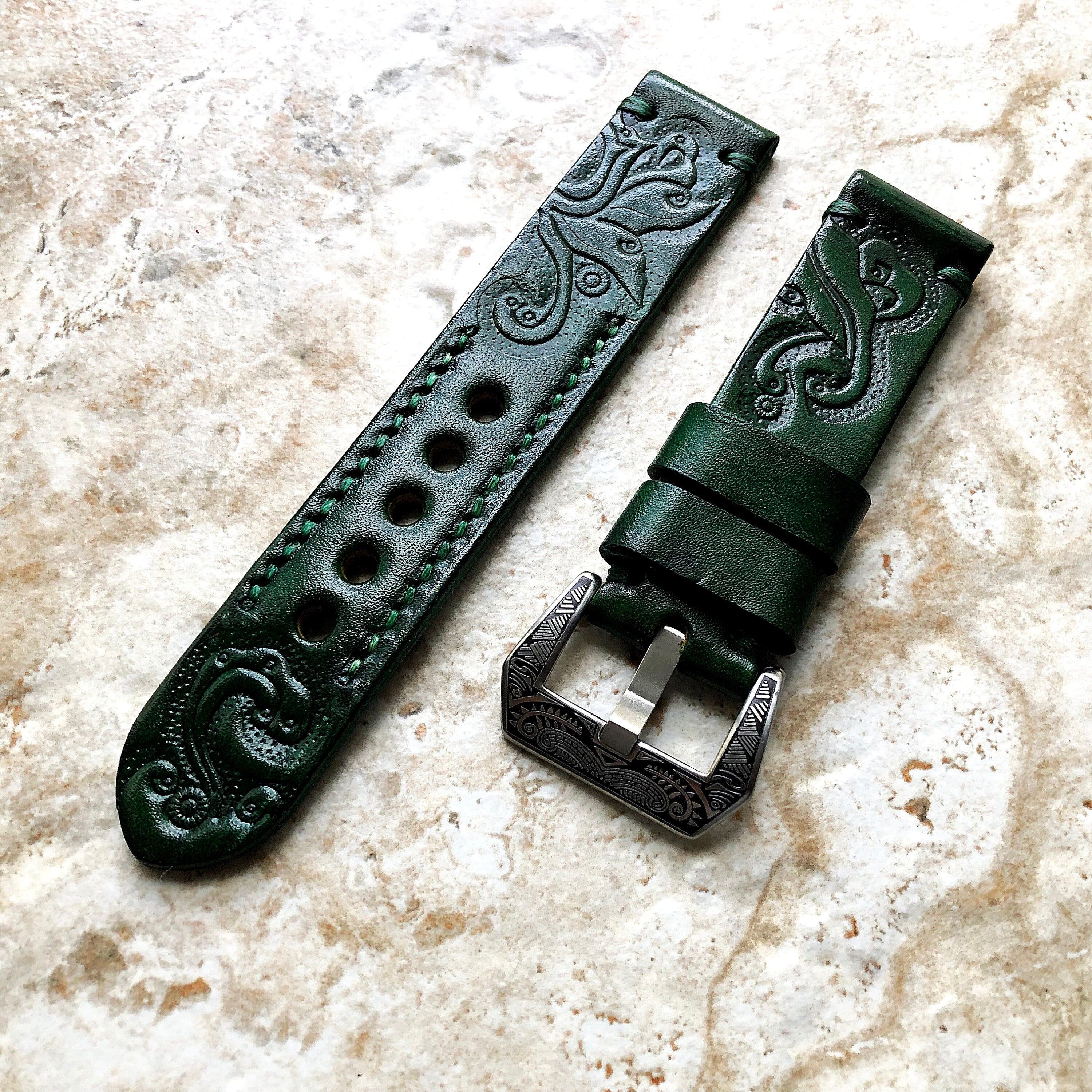 Green Color Band 22mm 24mm 25mm Compatible with Apple Watch Fitbit Versa 2 3 4 Sense 2 Ionic Embossed Tooled Real Leather Handmade Strap
